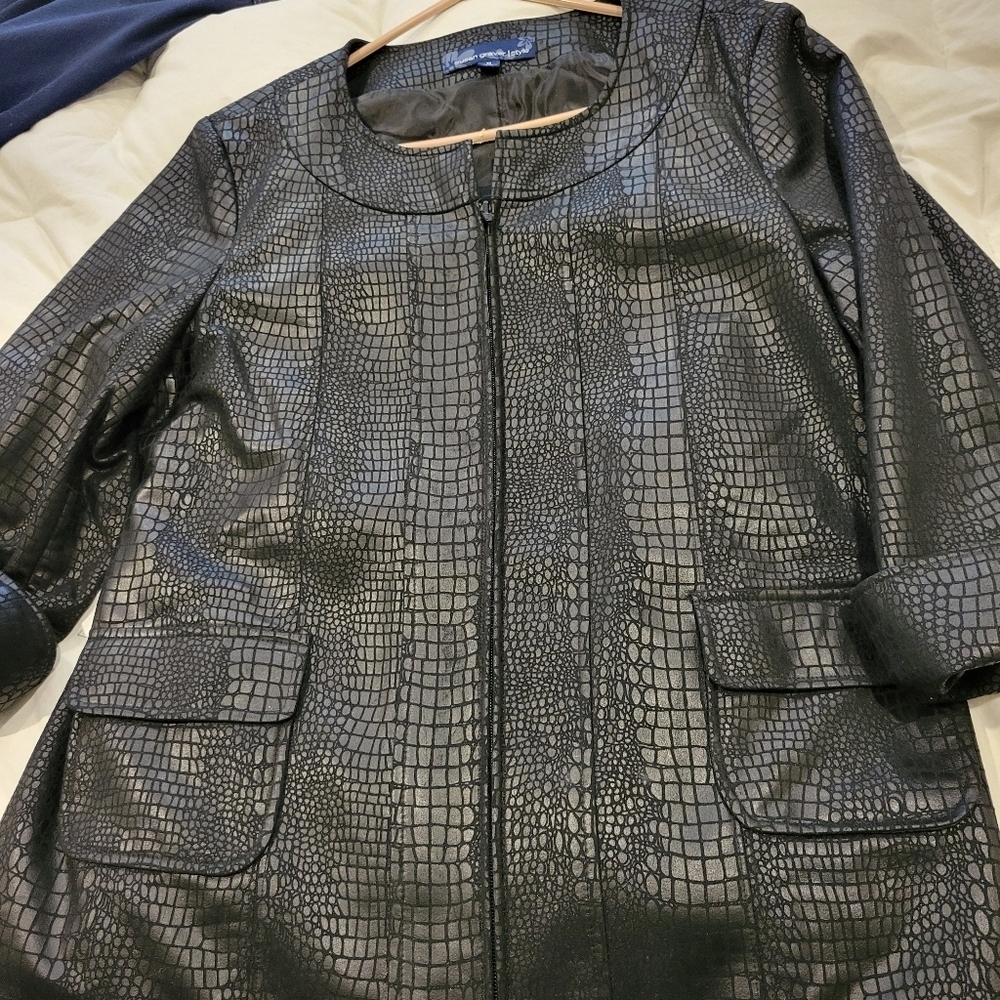 Susan Graver Womans Zipper Front Casual Lined Jacket Black On Black Print MED - Picture 6 of 8